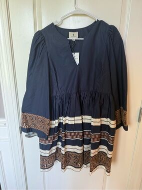 Tuckernuck Navy Mini Dress with Cream and Brown Trim